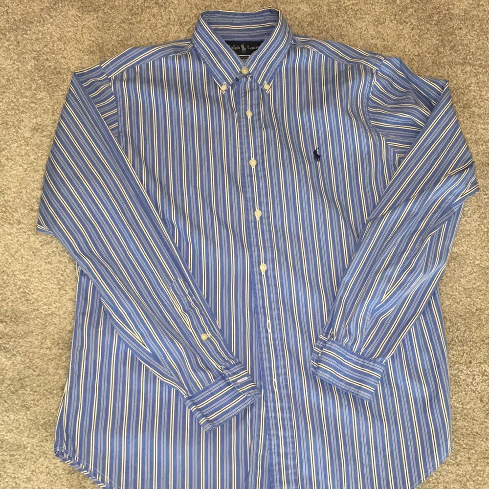 Polo Ralph Lauren Blue Stripe with Navy Blue Pony Shirt-L measures 16 x 33/34
